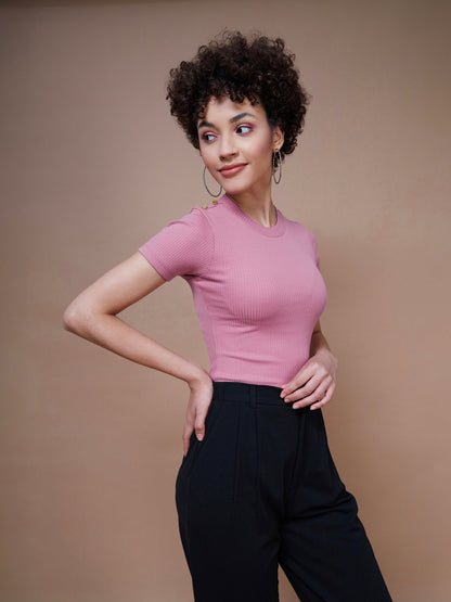 Pink Rib Round Neck Top