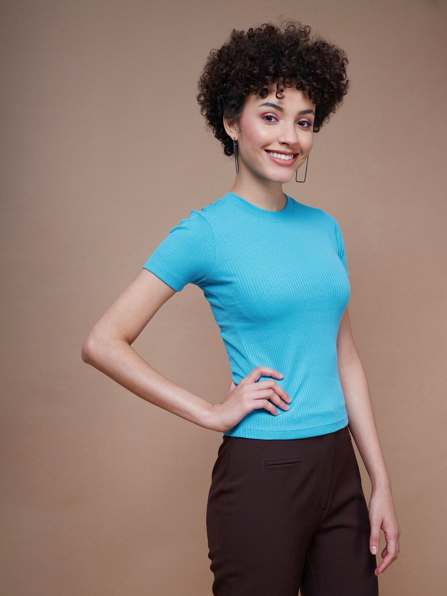 Turquoise Rib Round Neck Top