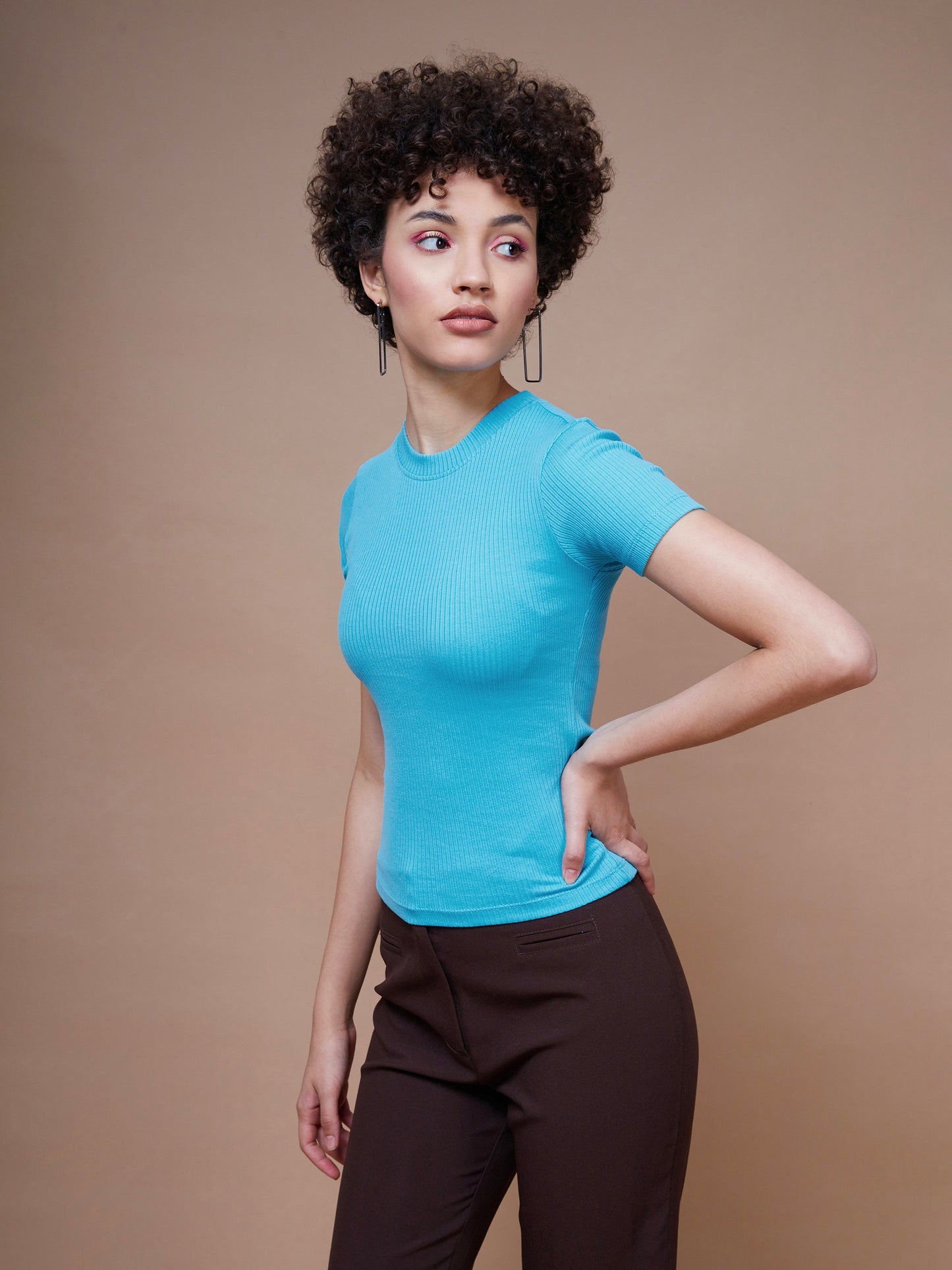 Turquoise Rib Round Neck Top