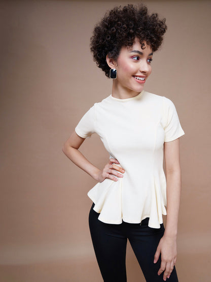 Cream Short Sleeves Peplum Top