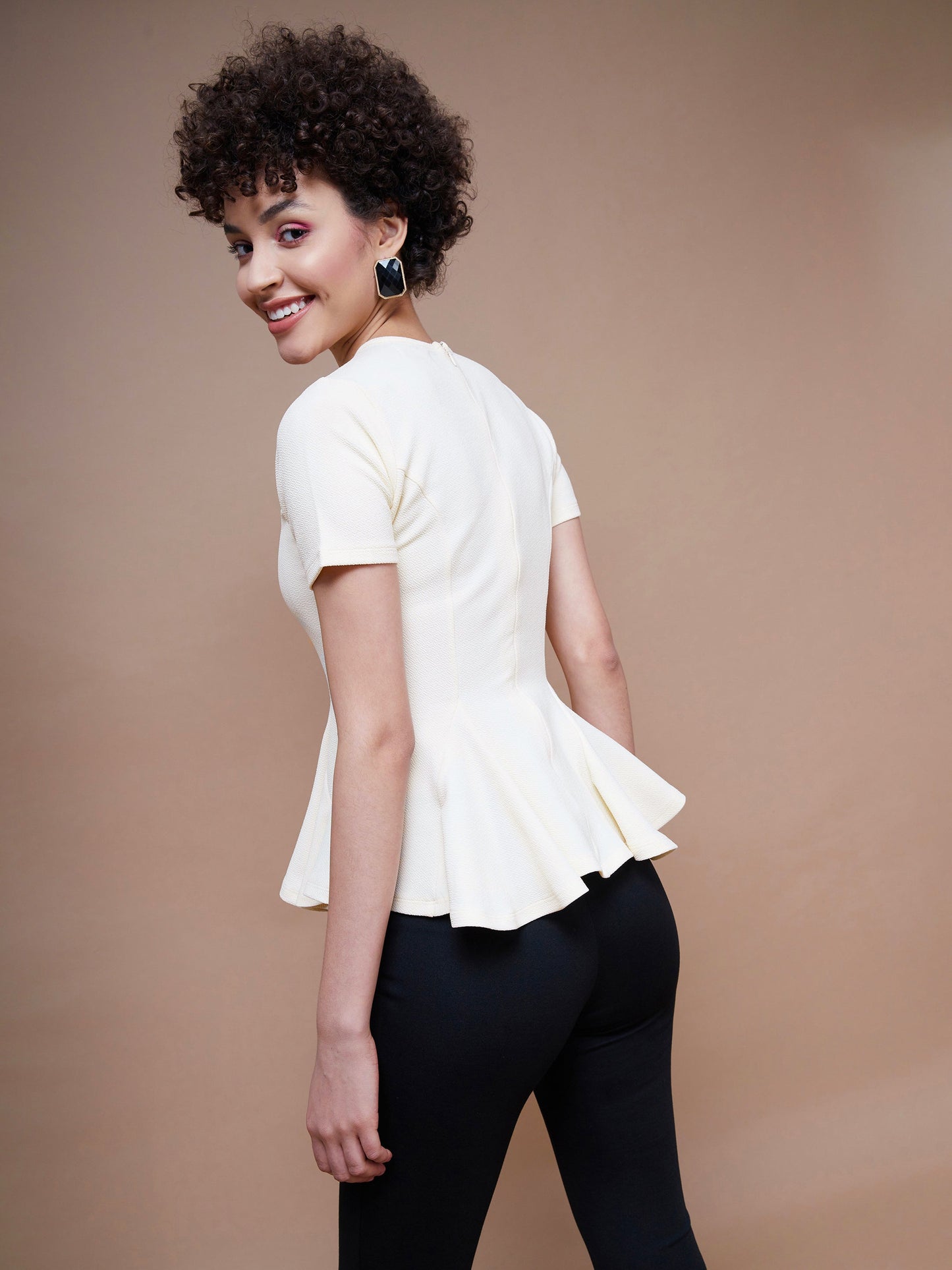 Cream Short Sleeves Peplum Top