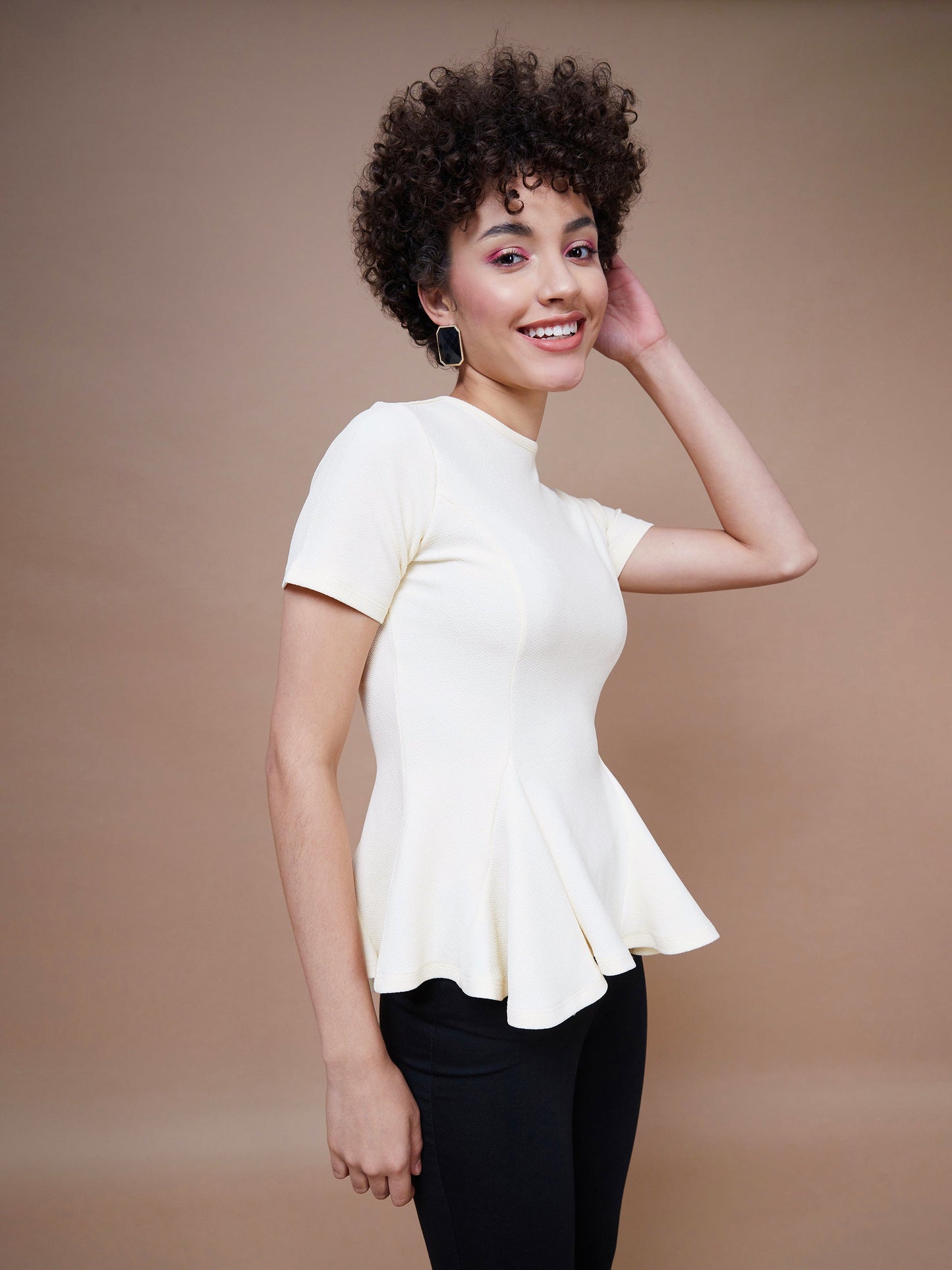 Cream Short Sleeves Peplum Top