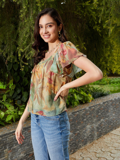 Women Green Jungle Print Sweetheart Neck Top