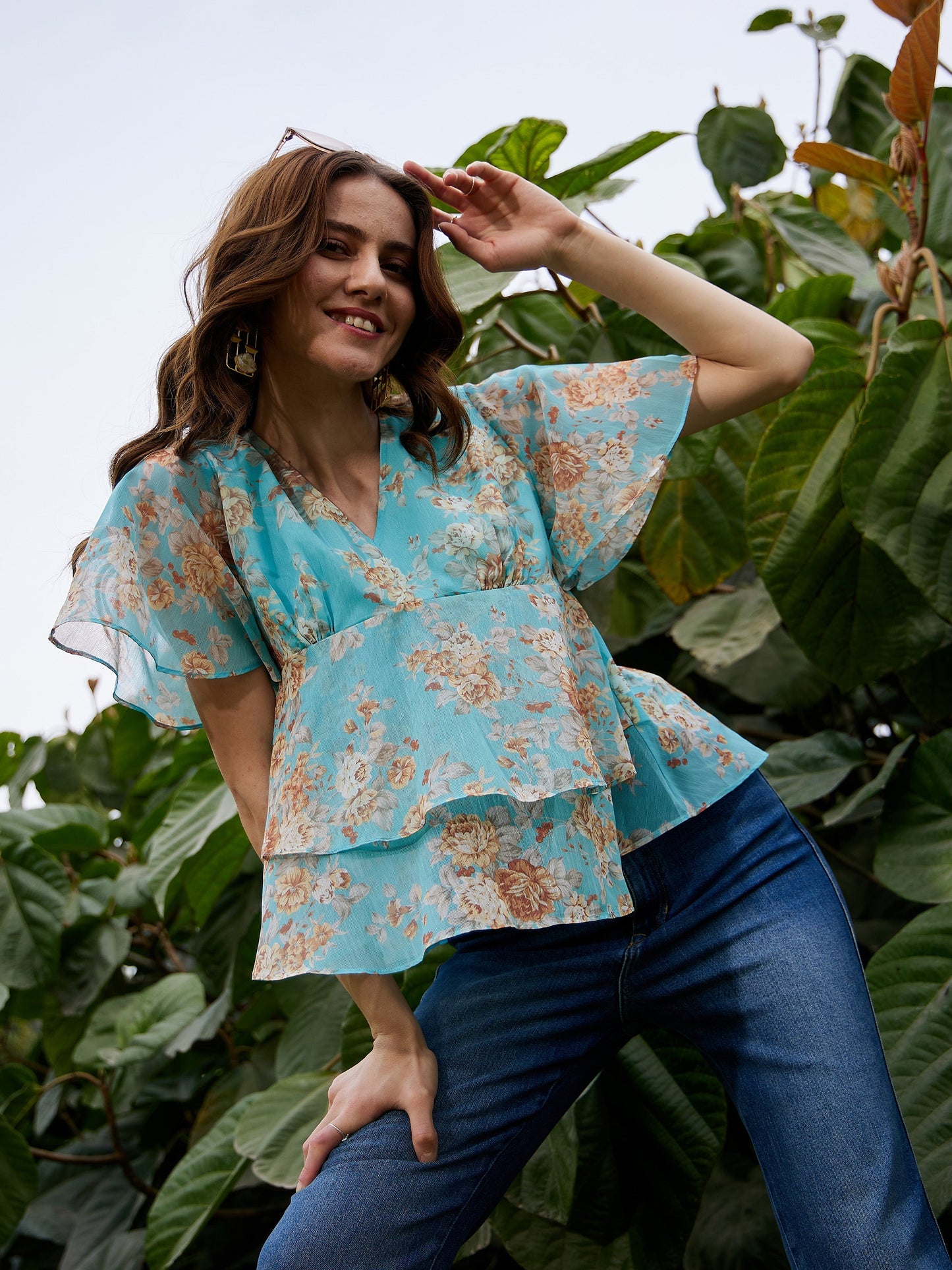 Turquoise Floral Frill Hem Top