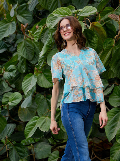 Turquoise Floral Frill Hem Top