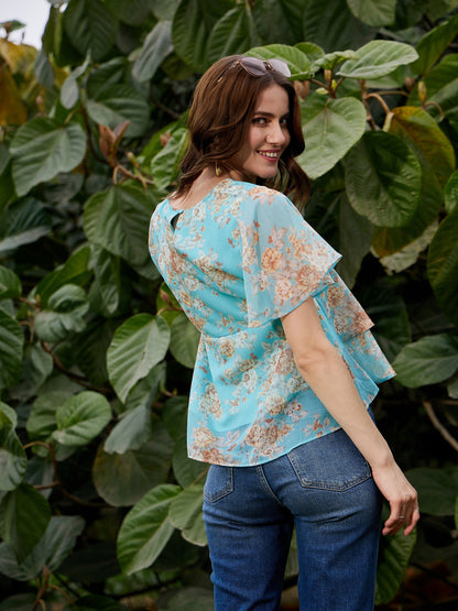 Turquoise Floral Frill Hem Top