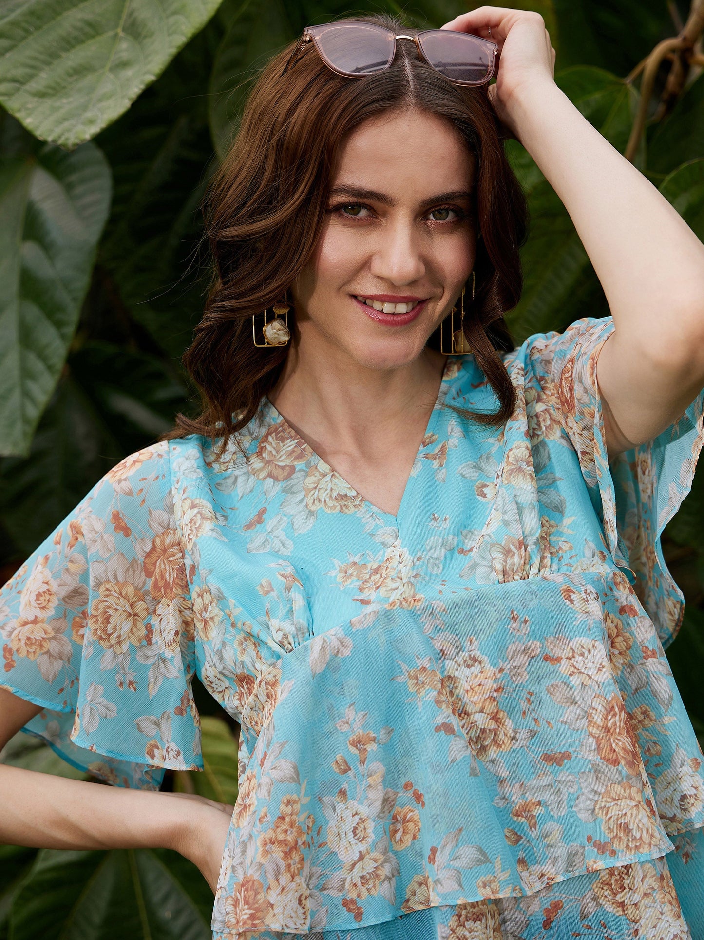 Turquoise Floral Frill Hem Top
