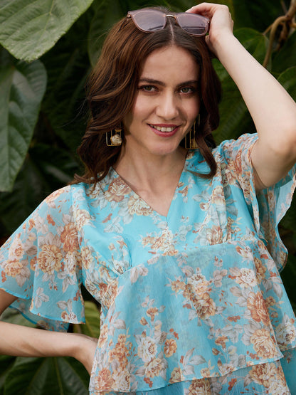 Turquoise Floral Frill Hem Top