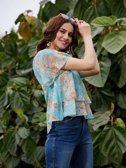 Turquoise Floral Frill Hem Top