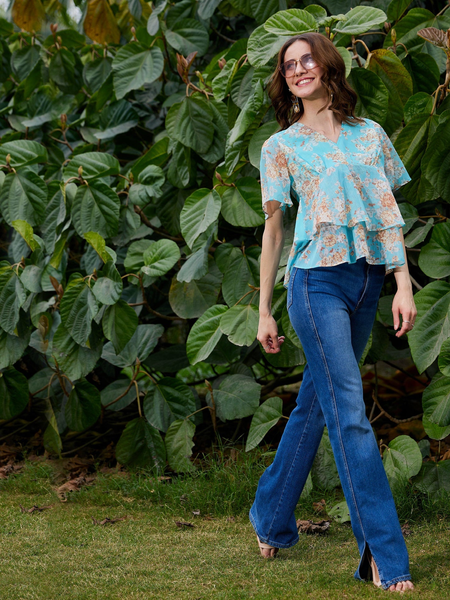 Turquoise Floral Frill Hem Top