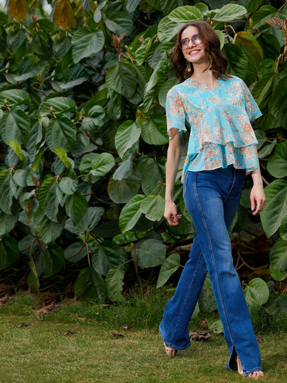 Turquoise Floral Frill Hem Top