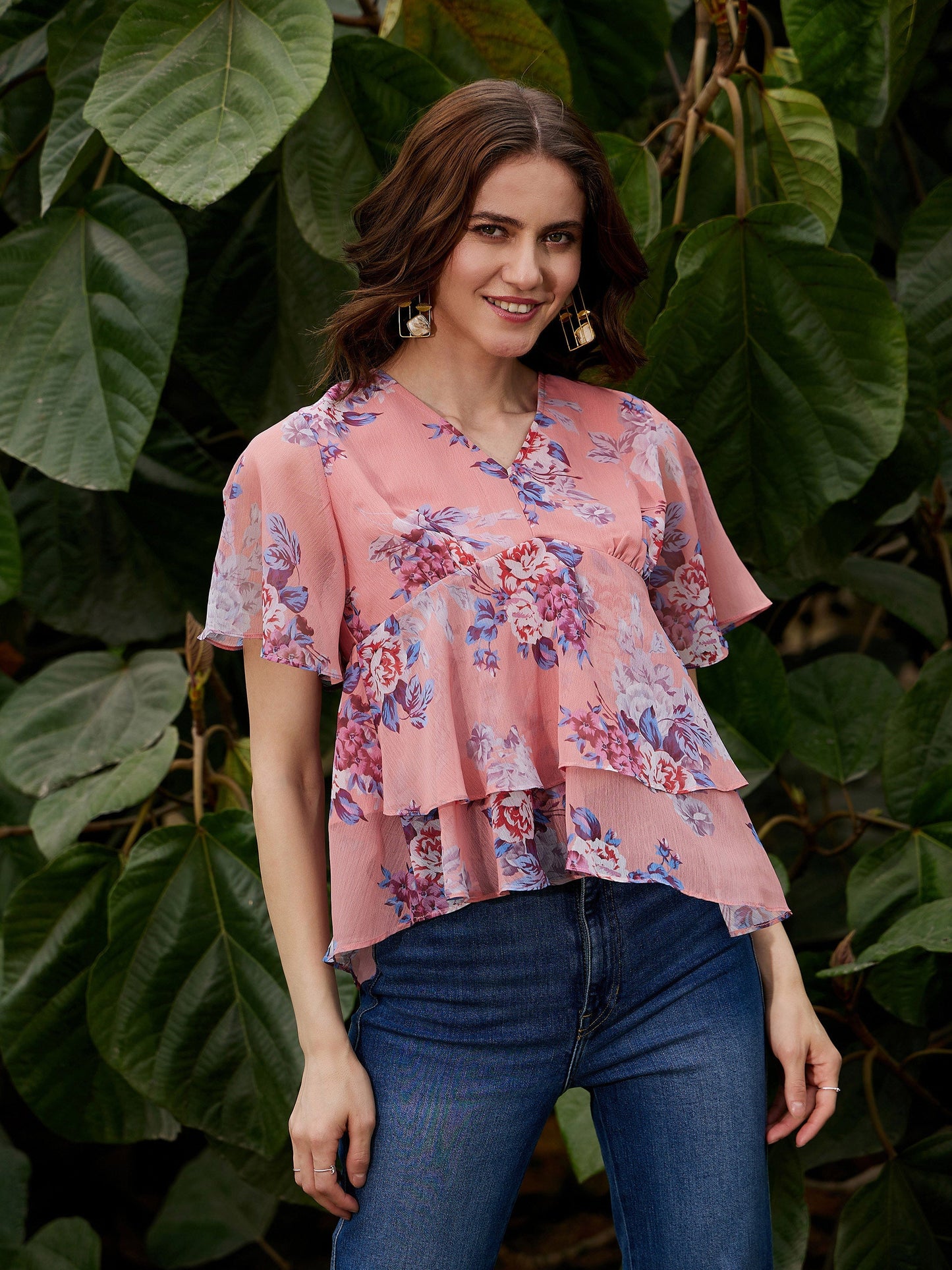 Peach Floral Frill Hem Top