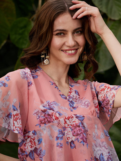 Peach Floral Frill Hem Top