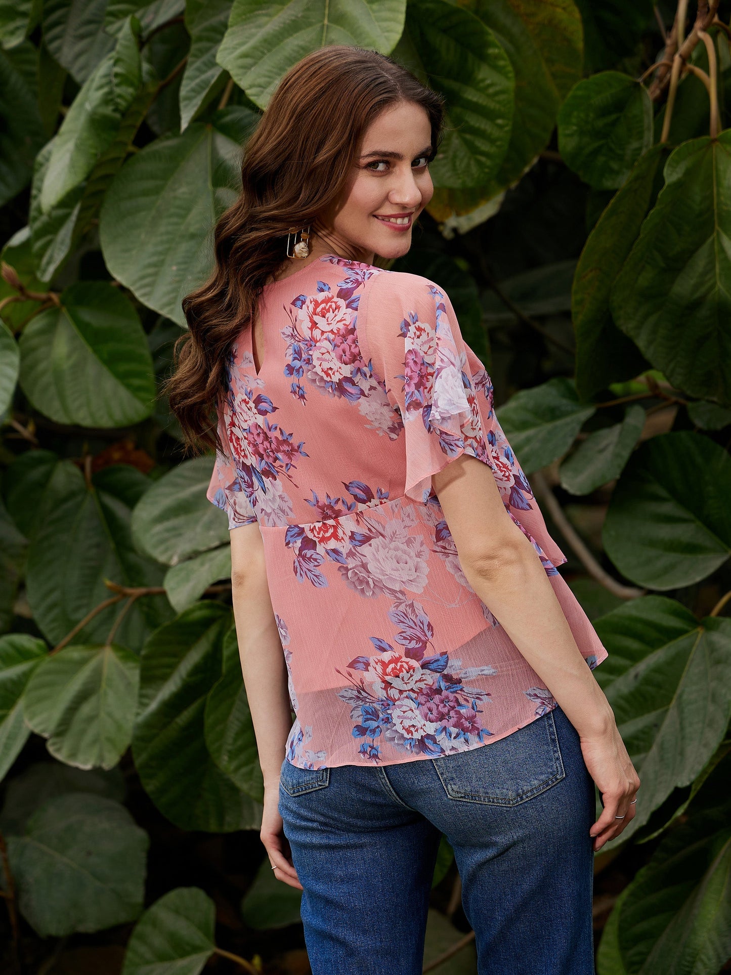 Peach Floral Frill Hem Top