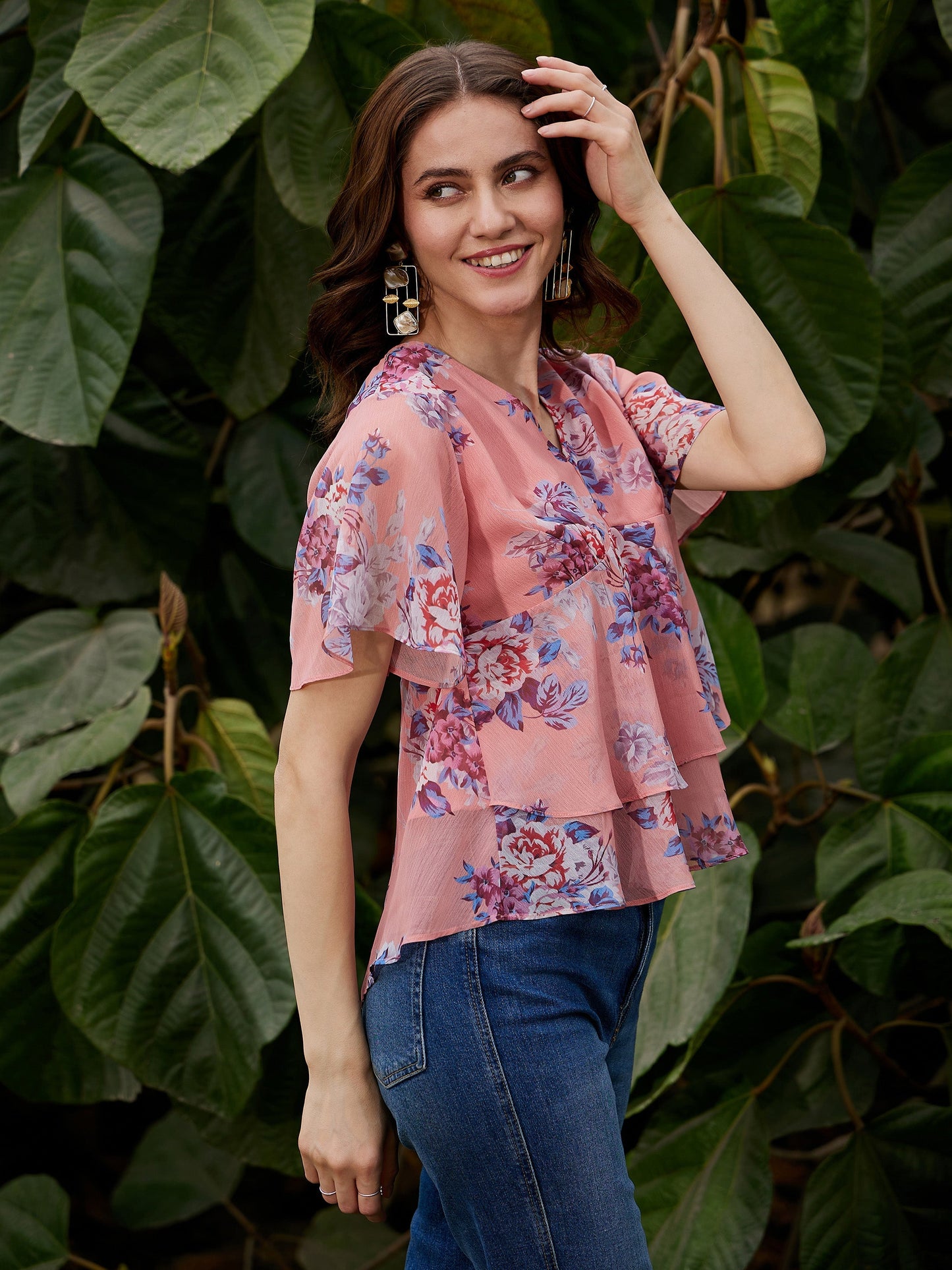 Peach Floral Frill Hem Top