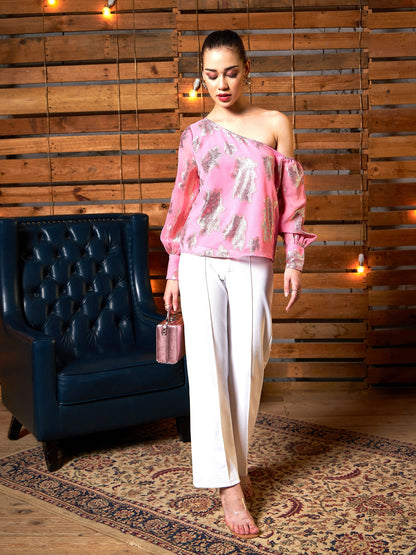 Pink Jacquard One Shoulder Top