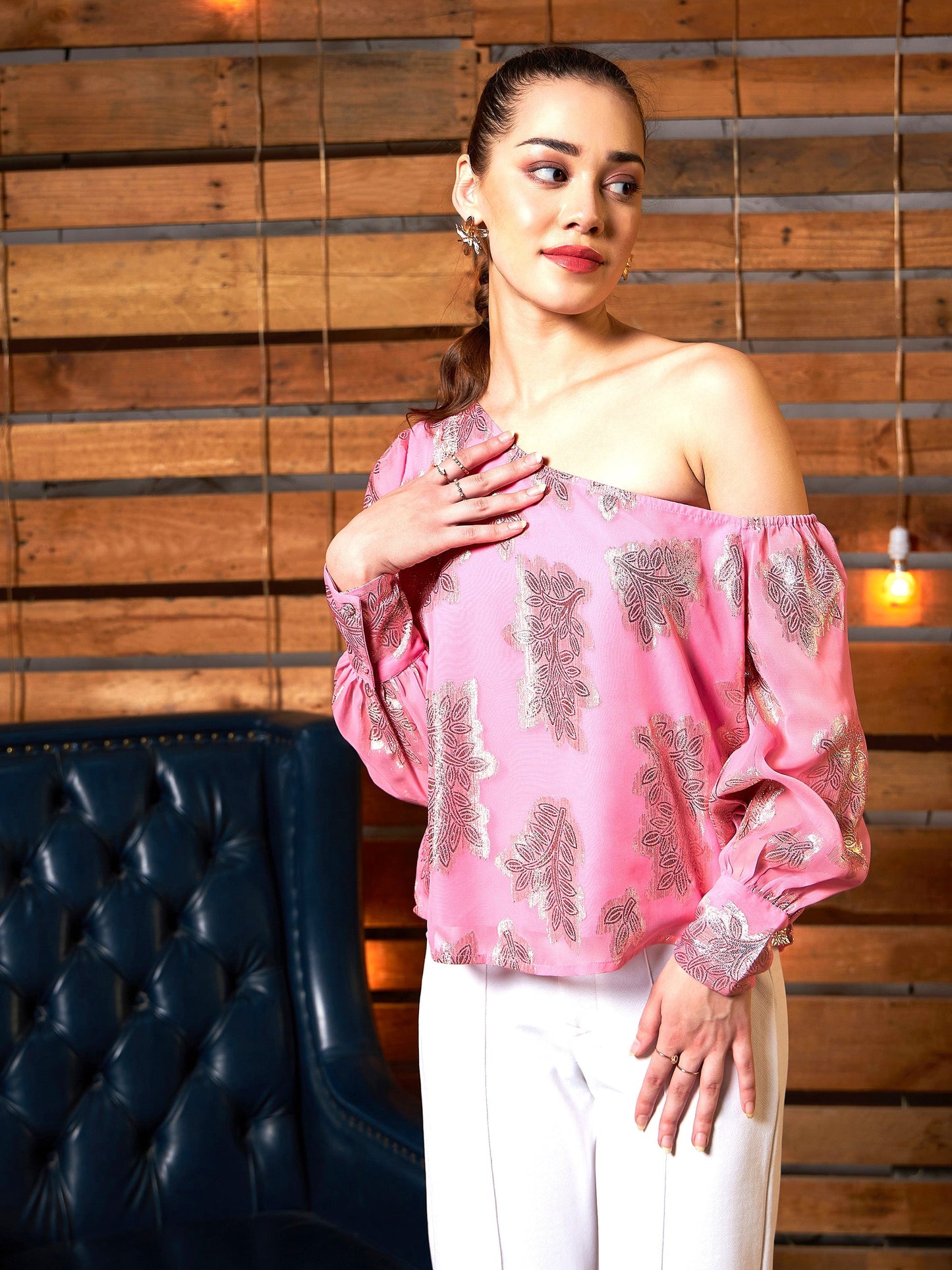 Pink Jacquard One Shoulder Top