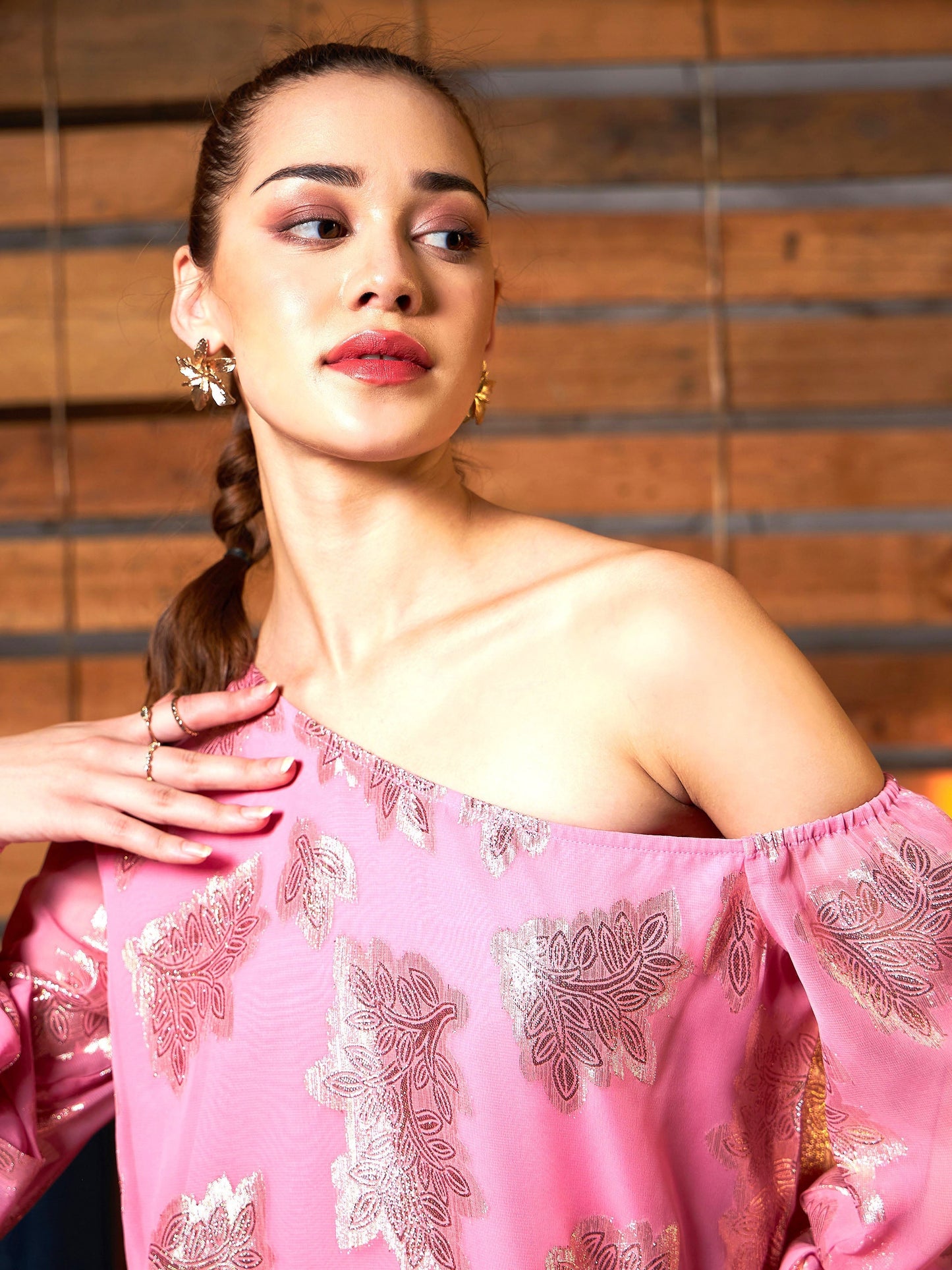 Pink Jacquard One Shoulder Top
