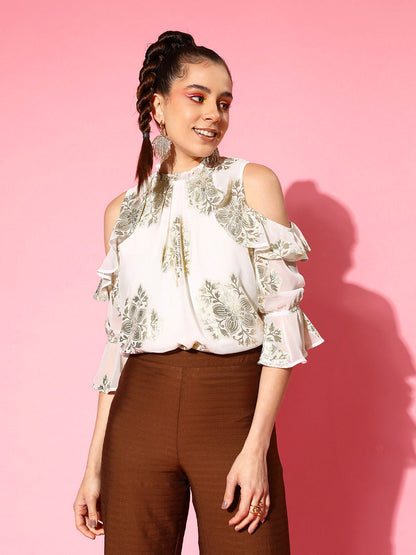White Jacquard Cold Shoulder Top