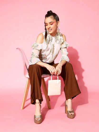 White Jacquard Cold Shoulder Top