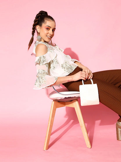 White Jacquard Cold Shoulder Top