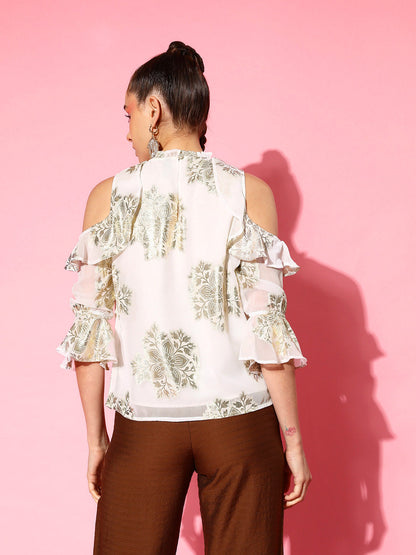 White Jacquard Cold Shoulder Top