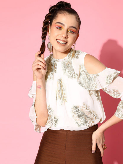 White Jacquard Cold Shoulder Top