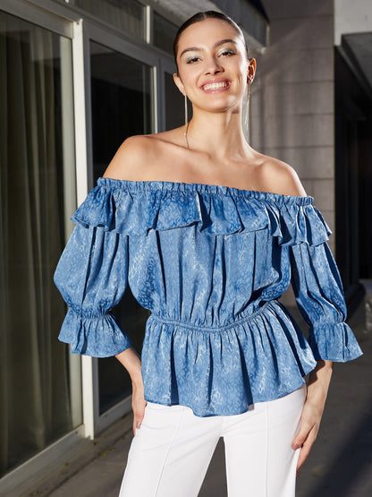 Blue Jacquard Off Shoulder Frilly Peplum Top