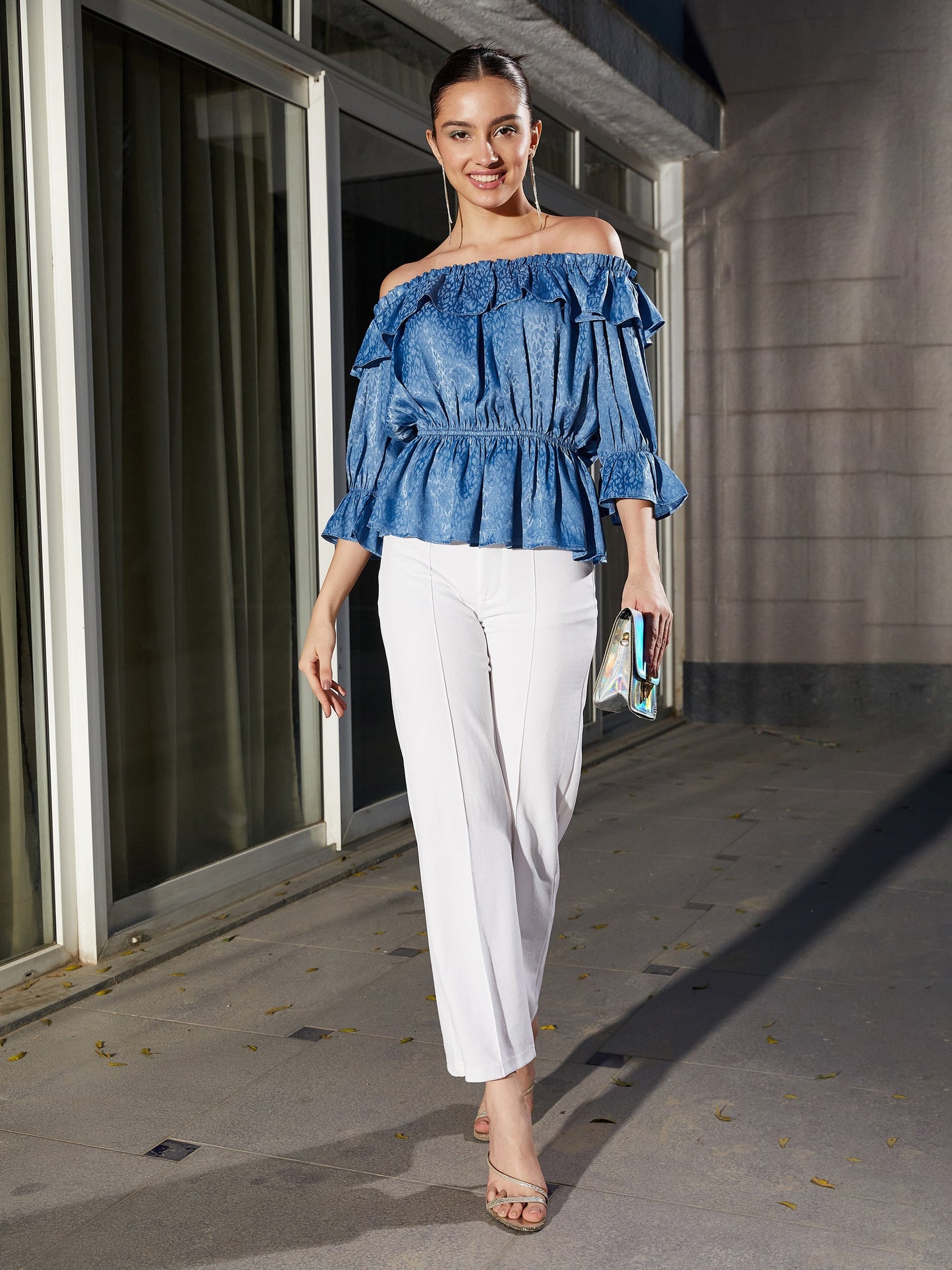 Blue Jacquard Off Shoulder Frilly Peplum Top
