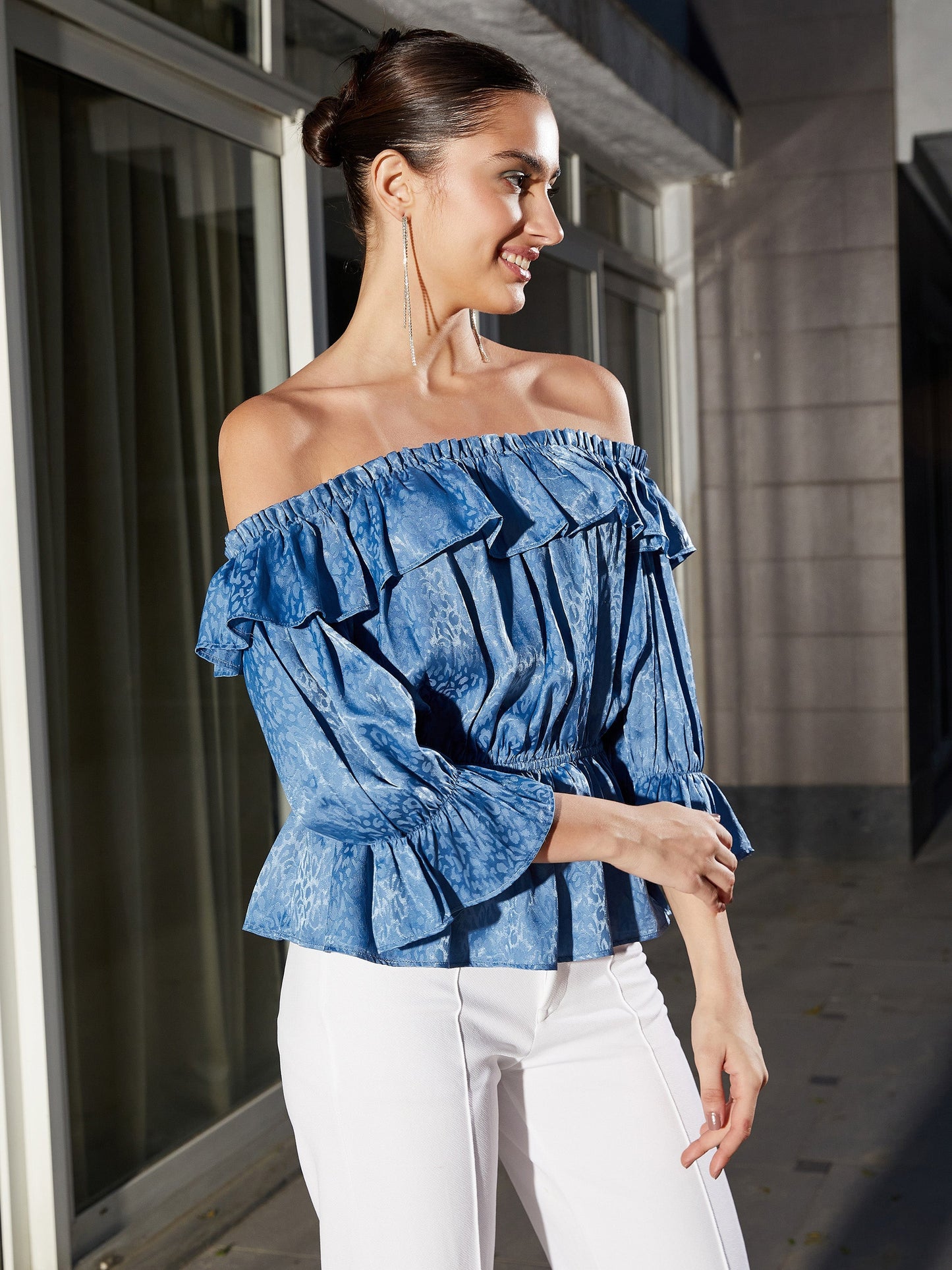 Blue Jacquard Off Shoulder Frilly Peplum Top