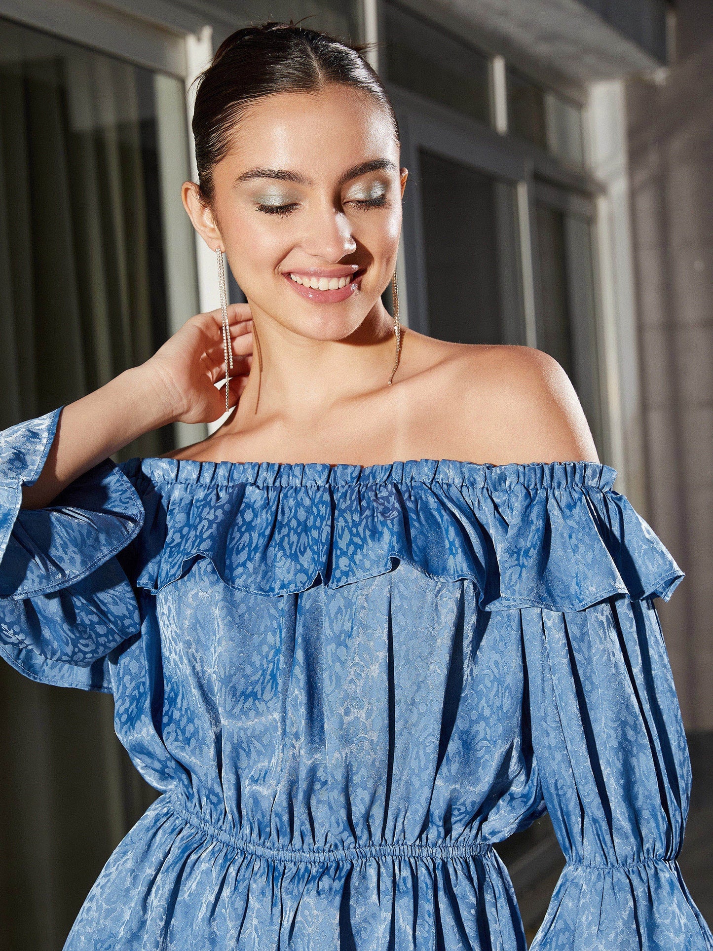 Blue Jacquard Off Shoulder Frilly Peplum Top