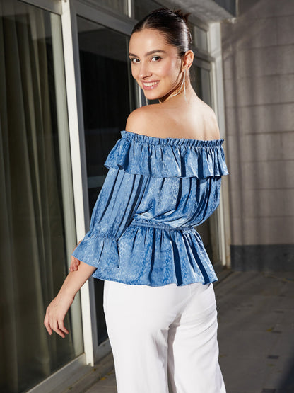 Blue Jacquard Off Shoulder Frilly Peplum Top