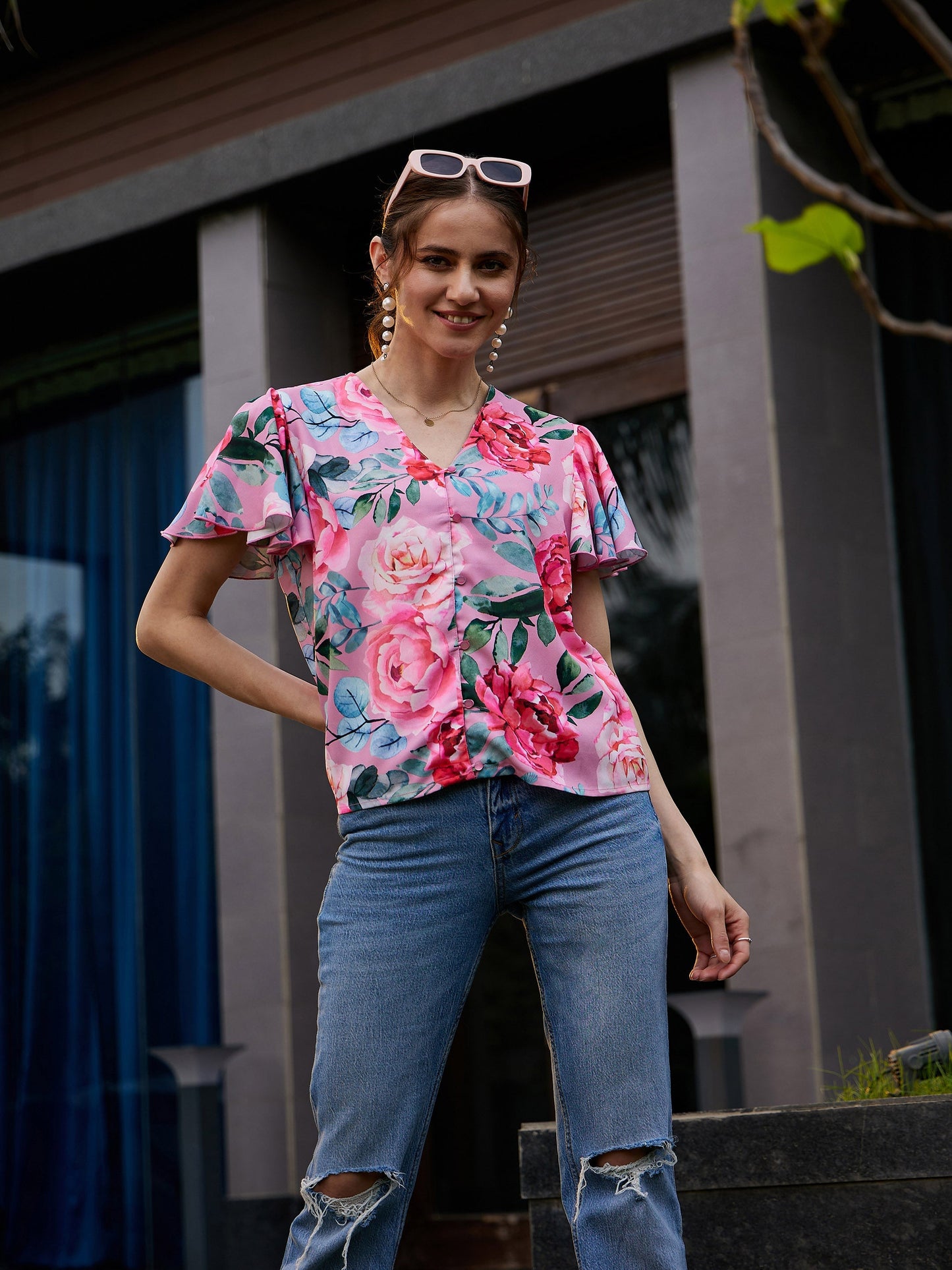 Rose Floral Front Open Regular Top
