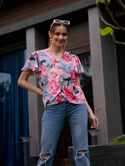 Rose Floral Front Open Regular Top