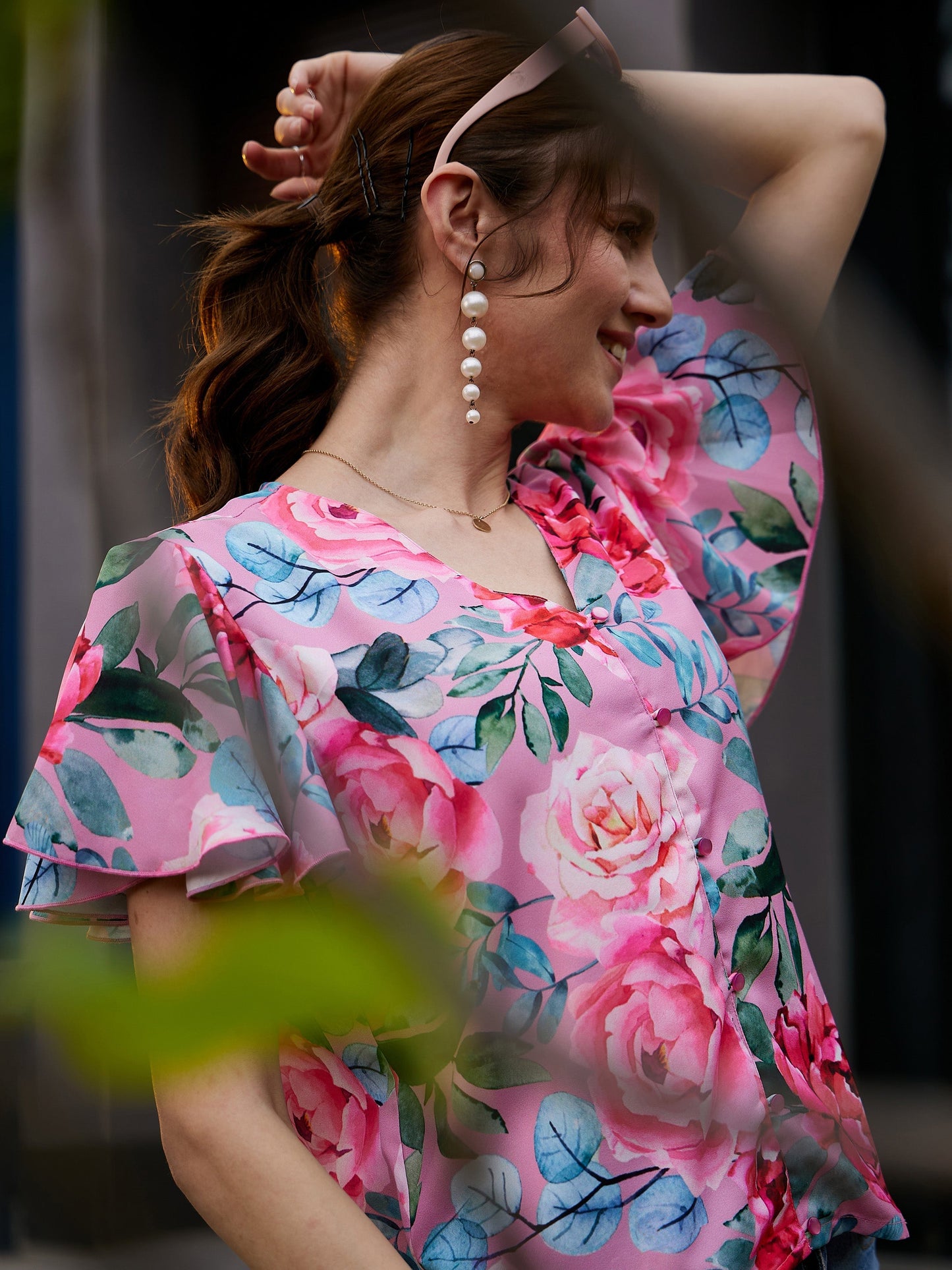 Rose Floral Front Open Regular Top