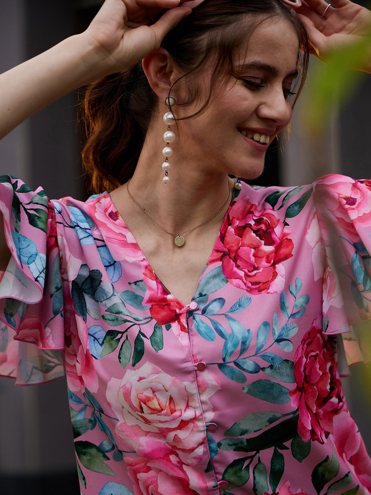 Rose Floral Front Open Regular Top