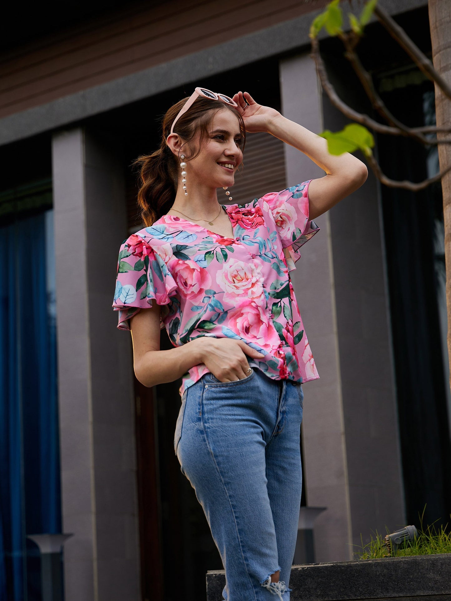 Rose Floral Front Open Regular Top