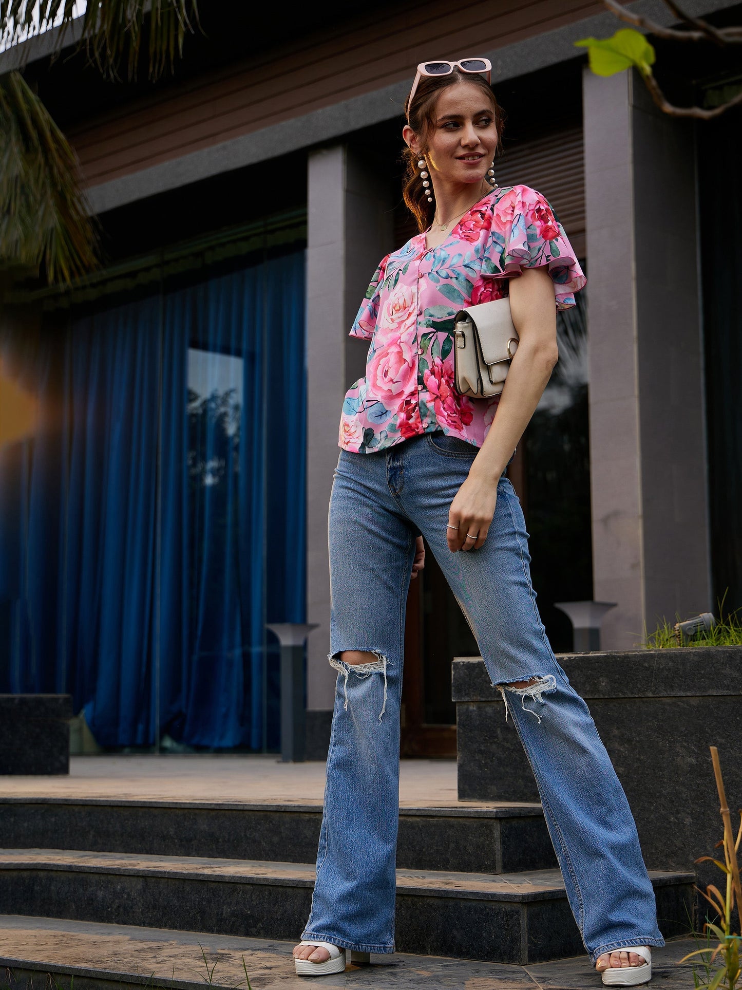Rose Floral Front Open Regular Top