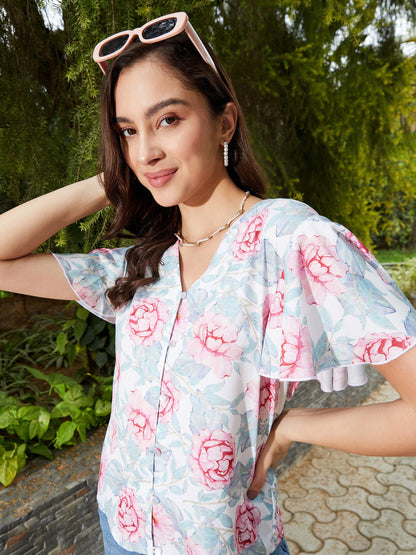 Pink Floral Front Open Regular Top
