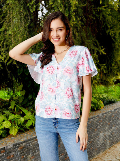 Pink Floral Front Open Regular Top