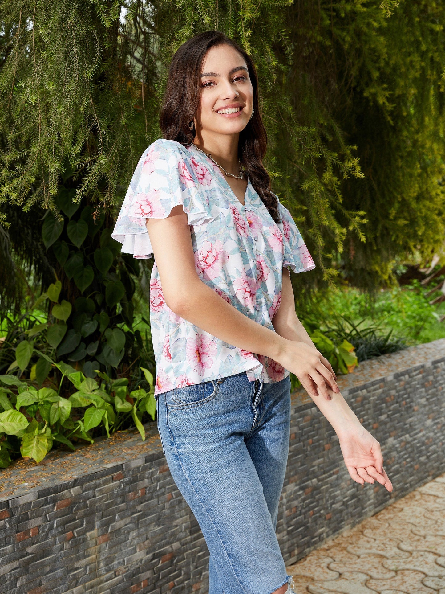 Pink Floral Front Open Regular Top