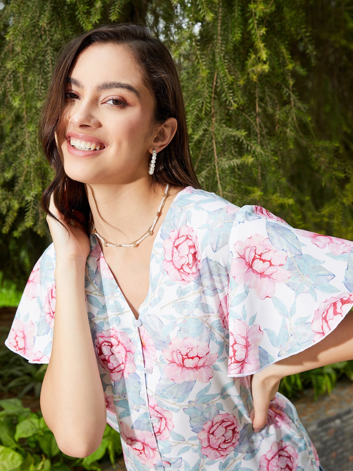 Pink Floral Front Open Regular Top