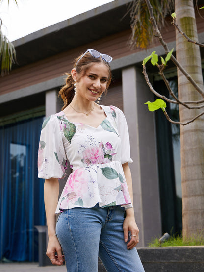 White Floral Back Criss Cross Peplum Top