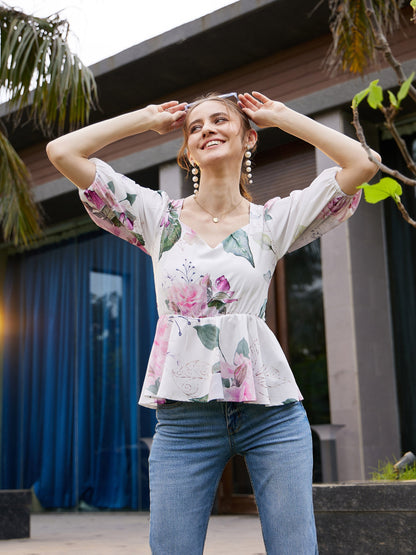 White Floral Back Criss Cross Peplum Top