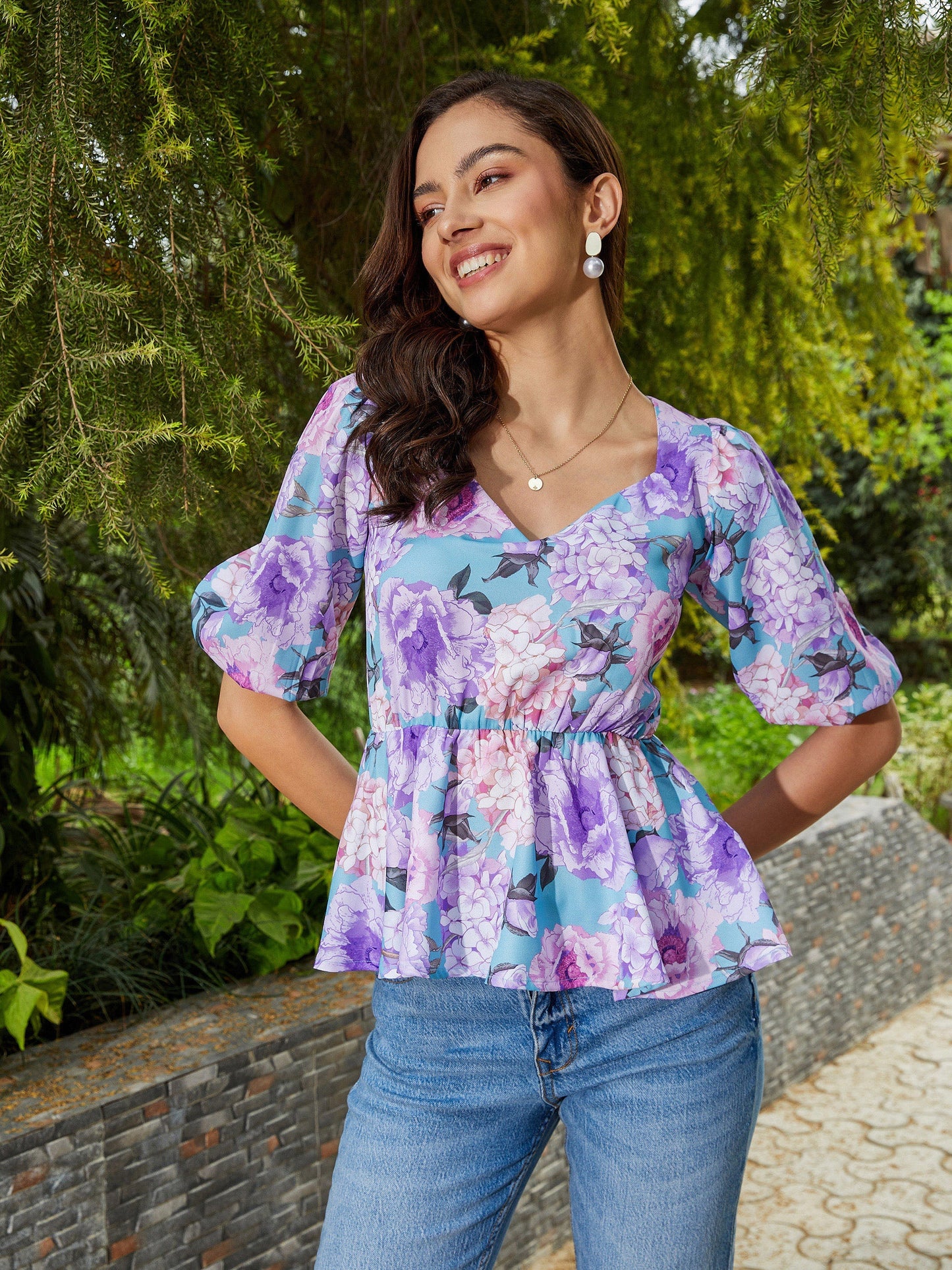 Turquoise Floral Back Criss Cross Peplum Top