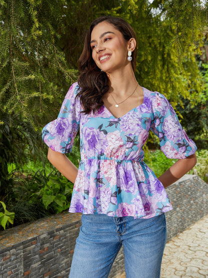 Turquoise Floral Back Criss Cross Peplum Top