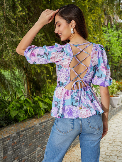 Turquoise Floral Back Criss Cross Peplum Top