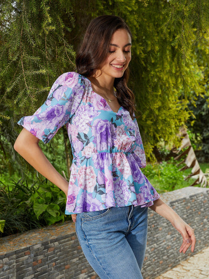 Turquoise Floral Back Criss Cross Peplum Top