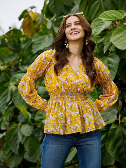 Yellow Floral Peplum Top