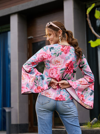 Women Rose Floral Bell Sleeves Regular Top